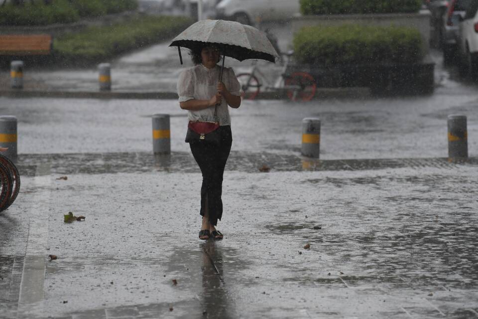 7月31日中午,在汉口香港路唐家墩,暴雨倾盆,路人手足无措地行走在雨中