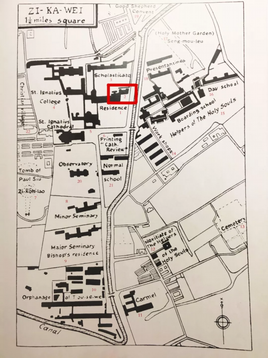 图片说明:20世纪20年代徐家汇地区地图,图中框出部分为徐家汇藏书楼.